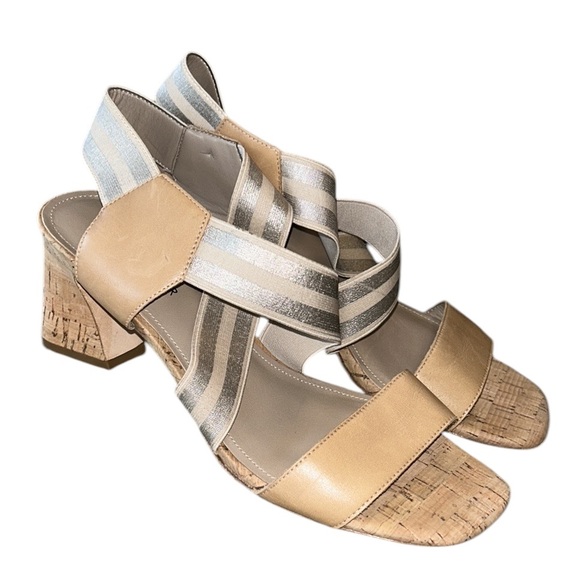 Donald Pliner Vikki Nude Leather Metallic Silver Block Cork Heel Sandals - 9 - Picture 3 of 14